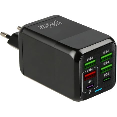 Chargeur USB C 150W à 6 Ports, Prise de Charge Rapide Multiport avec 2 Ports USB-C PD et 4 Ports USB-A QC, Chargeur Secteur Universel Compatible avec Phone 15/14/13/12, Pad, Galaxy, Tablette (1/5)