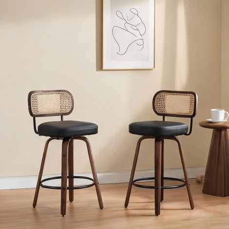 Tabourets de bar en rotin noyer et cuir PU lot de 2 en pU cuir (1/5)