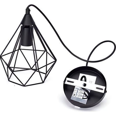 Suspension lumineuse métal noir forme diamant, douille E27, style industriel original pour intérieur