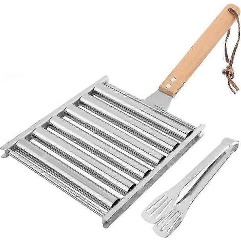 Rouleaux à saucisses en acier inoxydable avec spatule en métal et long manche en bois pour la cuisson au gril. (1/5)