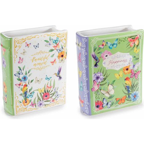 Vases en forme de livre en céramique brillante décor fleurs et papillons, lot de 2, 16 x 6 x H. 20 cm