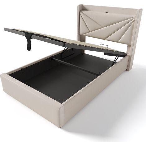 Lit coffre 1 place 90x200 cm en lin beige avec chargeur USB et USB-C (1/5)