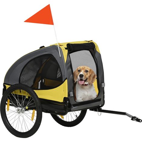 Remolque Para Perros, Remolque Para Bicicletas Plegable Con Ventana De Malla, Reflectores, Bandera, Liberación Rápida, Tela Oxford, Acero, Amarillo, 140 X 71 X 83 Cm