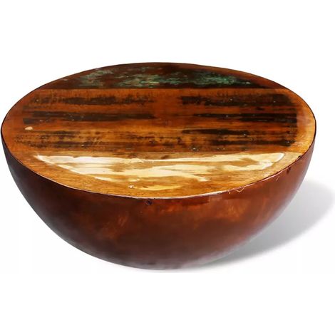 Les Tendances – Table basse fixe ronde en bois massif recyclé – Plateau vintage – Pieds en métal laqué marron – Pour salon moderne (1/4)