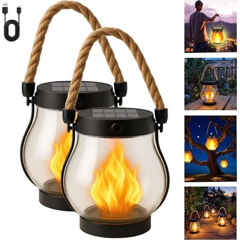 Lanterne Solaire Kaliqo – Flamme Dansante, Corde Chanvre – Solaire/USB – Camping, Terrasse, Jardin (1/5)