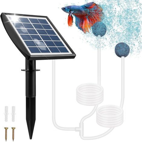 Pompe Solaire pour Bassin. 2W Pompe Bassin Solaire avec Batterie 2200mAh. Pompe a Air Bassin avec Tube à Oxygène et 2 Pierre à Bulles d'air (1/4)