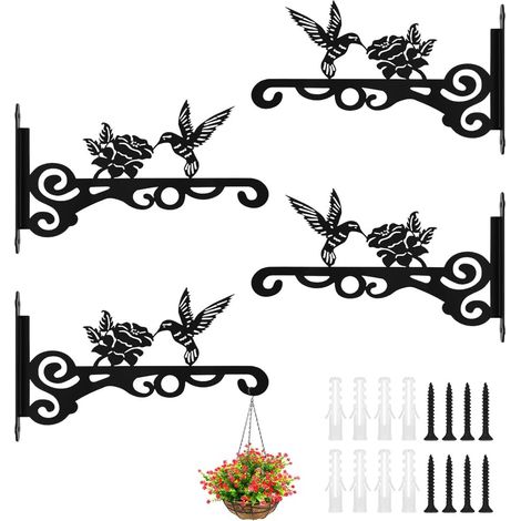 Lot de 4 supports noirs pour suspensions d'extérieur – Crochet en fer forgé pour suspension murale (motif colibri) (1/5)