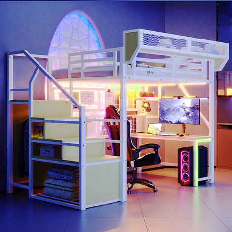 Lit mezzanine enfant 140 × 200 cm LED,lit superposé enfant avec bureau,lit enfant avec barriere,lit mezzanine avec bureau,équipé d'une échelle de sécurité,d'une prise électrique,Blanc