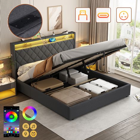 4ft6 Double Upholstered Bed Frame with Hydraulic Storage, Linen Ottoman Bed with LED Lighting, Button Tufted Storage Headboard with Charging Station, No Box Spring Needed, Grey (No Mattress)