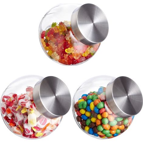 Relaxdays Bonbonnière en verre, lot de 3, bocaux, couvercle en inox, 1,5 L, friandises et aliments, transparent (1/5)
