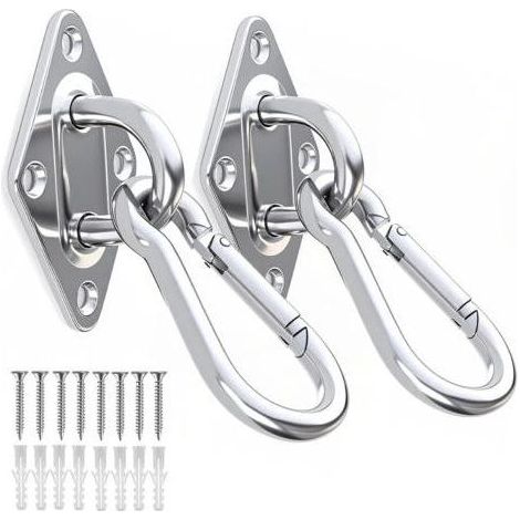 2 crochets à œil en acier inoxydable M10 + 2 mousquetons M10, crochets robustes pour hamacs, capacité de 300 kg pour balançoires, suspensions (1/5)