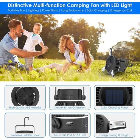 Vtizikl Ventilateur de camping portable et léger , ventilateur de tente rechargeable, ventilateur solaire avec crochet de suspension, ventilateur de bureau USB (1/3)