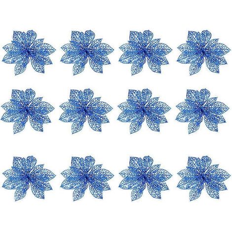 12 ornements de Noël en forme de fleur, ajourés et pailletés, pour décoration de fête de Noël (bleu)-15.00X15.00X3.00CM-Blue (1/3)