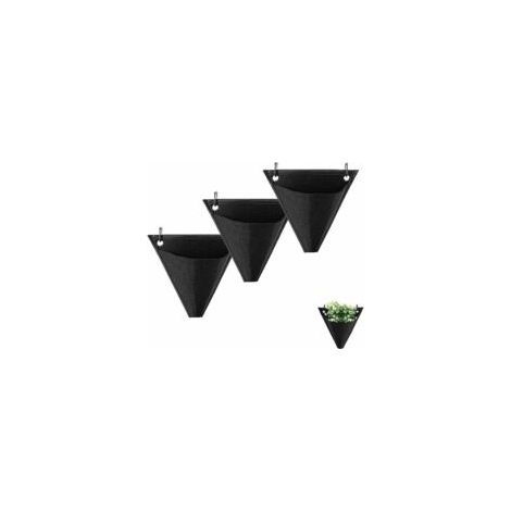 Sac pour plantes murales de jardin, lot de 3, sac vertical pour plantes, sac suspendu pour plantes, design triangulaire avec crochets pour la décoration intérieure et extérieure, terrasse (noir) (1/4)