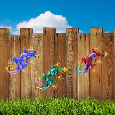 Decoración de pared metálica de 3 piezas con forma de lagarto, escultura colgante colorida para jardín, terraza, hogar, oficina, 43 x 27 cm, hierro pintado resistente a la intemperie. (1/5)