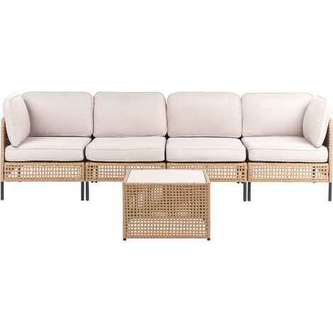 Outdoor Sofa with Coffee Table Light Beige PE Rattan 4 Seater Metal Frame with Seat Backrest Cushions Glass Tabletop Modern Style Garden Patio Terrace OMEGANA