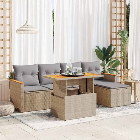 Salon de jardin 6 pcs avec coussins beige résine tressée acacia (1/5)