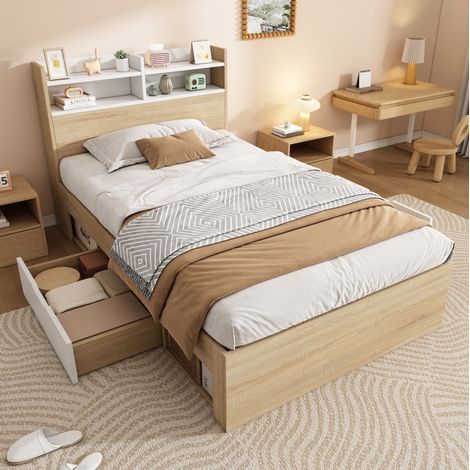 FLORAGRACE Lit simple 90x190 cm en bois blanc avec rangement, tête de lit avec étagères, 2 tiroirs et 4 niches ouvertes (1/5)