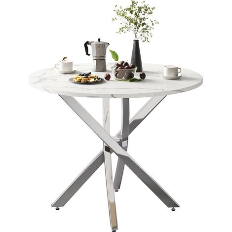 CHICFURN Tavolo da pranzo rotondo 80 x 80 x 75 cm effetto marmo bianco e argento (1/5)