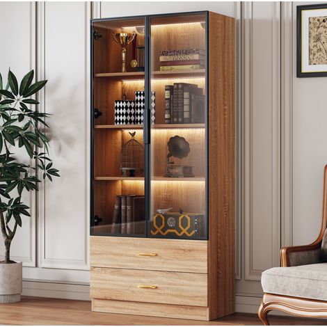 Badezimmerschrank 75x30x180 cm Braun MDF mit Lichtleiste, 2 Schubladen, 2 Türen und Glastür (1/5)