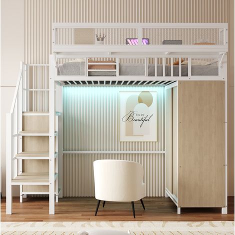 DESVIAE Lit mezzanine 90 x 200 cm avec armoire échelle de rangement LED étagères amovibles garde corps en métal et panneaux bois blanc (1/5)