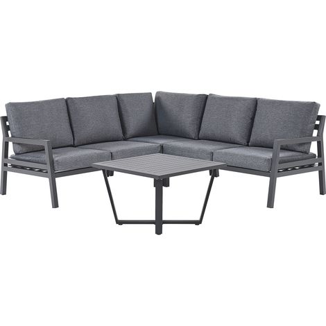 Juego de muebles esquineros para exterior de aluminio gris oscuro y negro mesa de centro cojines de poliéster 5 plazas Vizzini