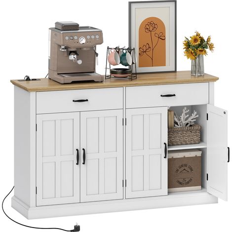 Buffet TV blanc avec 2 placards coulissants style grange, 2 tiroirs, étagères ajustables, multiprise et port USB intégrés