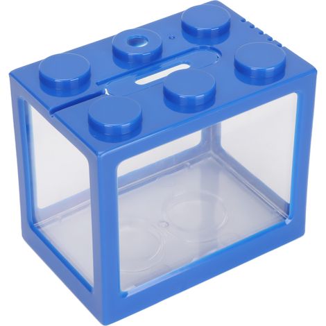 Aquarium miniature bleu à structure en cascade, style Aquascape, idéal pour décorer un bureau ou un espace de travail à la maison. (1/5)