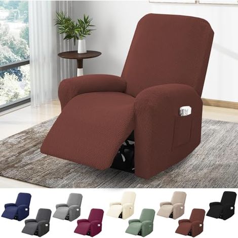 Funda de sillón de 1 plaza, funda elástica con bolsillos, protector de sillón jacquard a rayas todo incluido para sillones de TV y reclinables (marrón oscuro, juego de 4 piezas)