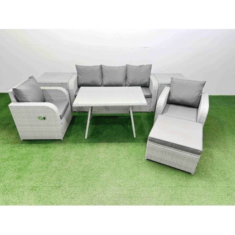 Fimous Reclining Chair 3 Seat Sofa Set Garden Furniture Set with Rectangular Dining Table 2 Side Tables Big Footstool Light Grey (1/4)