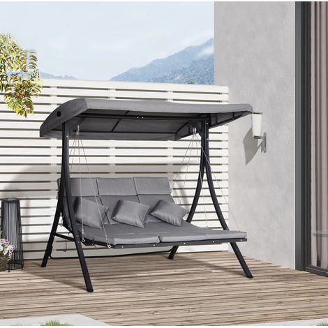 Sillón columpio jardín 3 plazas con toldo gris OKMYHOME (1/3)