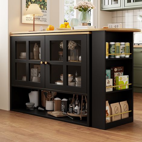 Table de Bar pivotant à 360° avec 2 portes verre et 5 étagères - bar à manger en MDF noir - 138x39x102,5 cm (1/5)