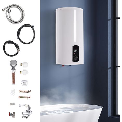 Chauffe-eau électrique 2000 W, chauffe-eau de 50 litres, réservoir mural, chaudière, bouilloire, LED et thermomètre, équipé d'une pomme de douche (1/5)