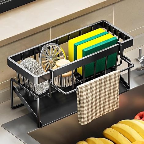 Organisateur D'évier De Cuisine,Un Panier De Rangement pour éponge avec Plateau D'égouttement Automatique,Porte éponges Pas De Perçage Organisateur Evier Acier Inoxydable Rangement(Court) (1/5)