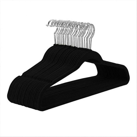 Dünnes, rutschfestes Kleiderbügel-Set aus Samt, schwarz und silber mit Haken (1/5)