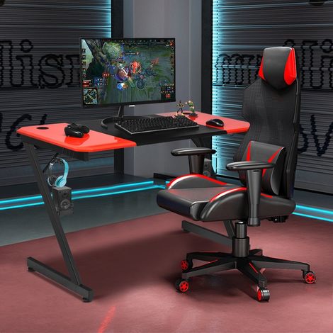Tavolo da gioco a forma di z tavolo per computer tavolo per pc con portabicchieri gancio per cuffie e supporto per altoparlante scrivania nerorosso