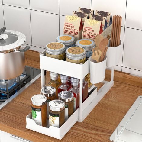 Rangement Sous Évier - 2 niveaux organisateur sous evier cuisine, Tiroir Coulissant Cuisine, Rangement Et Organisation De Cuisine, Blanc, 1 article