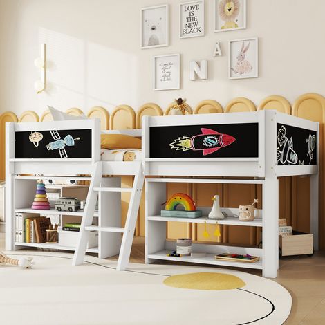 Lit enfant 90x200cm - Plusieurs étagères + garde-corps + échelle - Bois massif - Blanc (matelas non inclus)