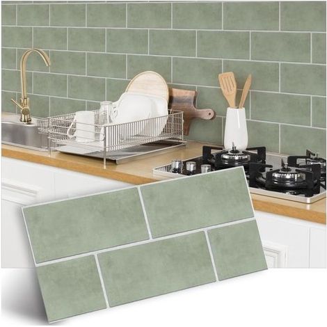 Set de 12 stickers carrelage adhésifs antidérapants - 3D - Pour sol, mur, cuisine et salle de bain - PVC DIY - Vert sauge - 30 x 15 cm (1/5)