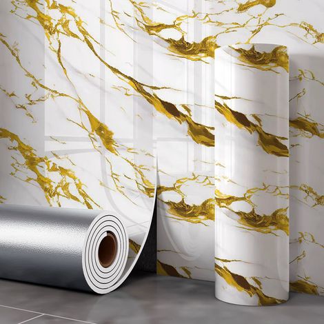 JSSEVN - Rollo de papel pintado autoadhesivo imitación mármol, 2,0 mm de grosor, resistente al aceite, impermeable, con diseño de pluma de fénix dorada. (1/5)