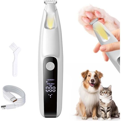 Tagliazampe per cani con illuminazione a LED, impermeabile e ricaricabile, rasoio/tagliazampe per gatti USB, per tagliare zampe, orecchie, muso, corpo e piedi di cani e gatti. (1/5)