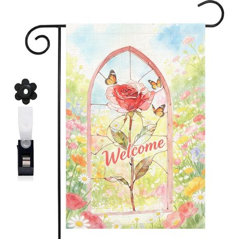 Drapeau vertical composition de vitrail et rose rouge 30 x 45 cm décoration saisonnière extérieure (1/5)