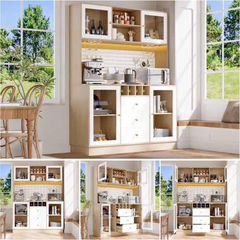 LUHOMFU – Meuble haut de cuisine avec éclairage LED connecté, pilotage par application et effets musicaux, porte-verres à vin, étagères réglables, anti-basculement, blanc, 140×40×185,7 cm (1/5)