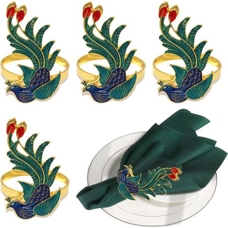 Lot de 4 ronds de serviette en forme de paon en métal doré pour décoration de table à manger (1/5)