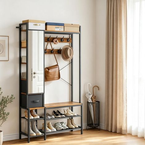 Mueble de entrada con espejo, ganchos y zapatero 100 x 30 x 180 cm HAVRYA (1/5)