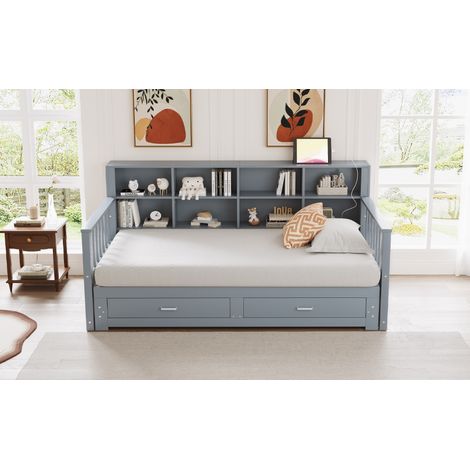 Canapé-lit extensible en pin massif 90/180x190 cm, coffre de rangement avec prise USB dans l'accoudoir, 2 tiroirs et sommier inclus, lit multifonction gris (1/5)