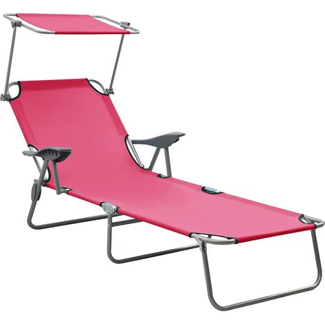 Chaise longue pliable avec auvent réglable en acier et tissu rose pour jardin et plage - PANGIVO (1/5)