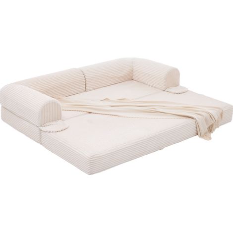 Canapé-lit 2 places convertible en velours côtelé beige, compact et gain de place, pour salon, bureau ou chambre d'amis, style scandinave - CHICFURN (1/5)