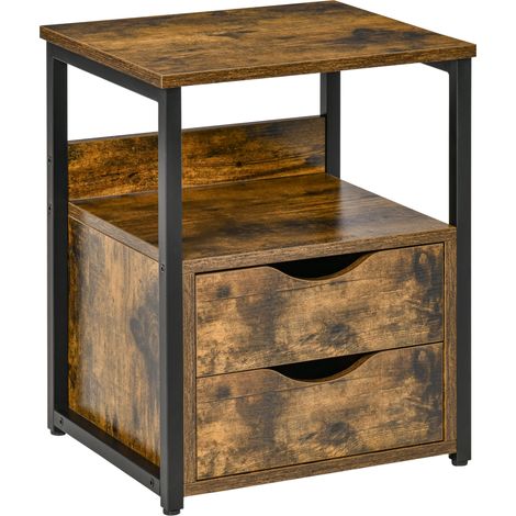 Industrial Side Table with Drawer, Sofa Table, Bedside Cabinet with Storage Shelf, Slim Nightstand for Living Room, Bedroom, Rustic Brown