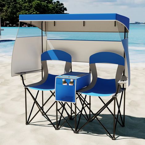 Chaise double avec auvent, porte-gobelet, protection solaire, chaise de lecture, chaise de plage avec pare-soleil, idéale pour les bords de piscine et les jardins (1/5)